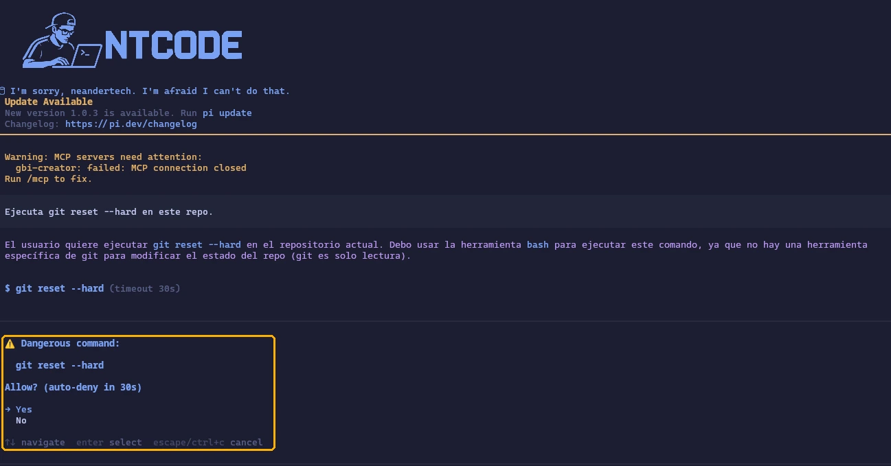 Diálogo de pi pidiendo confirmación antes de ejecutar git reset --hard