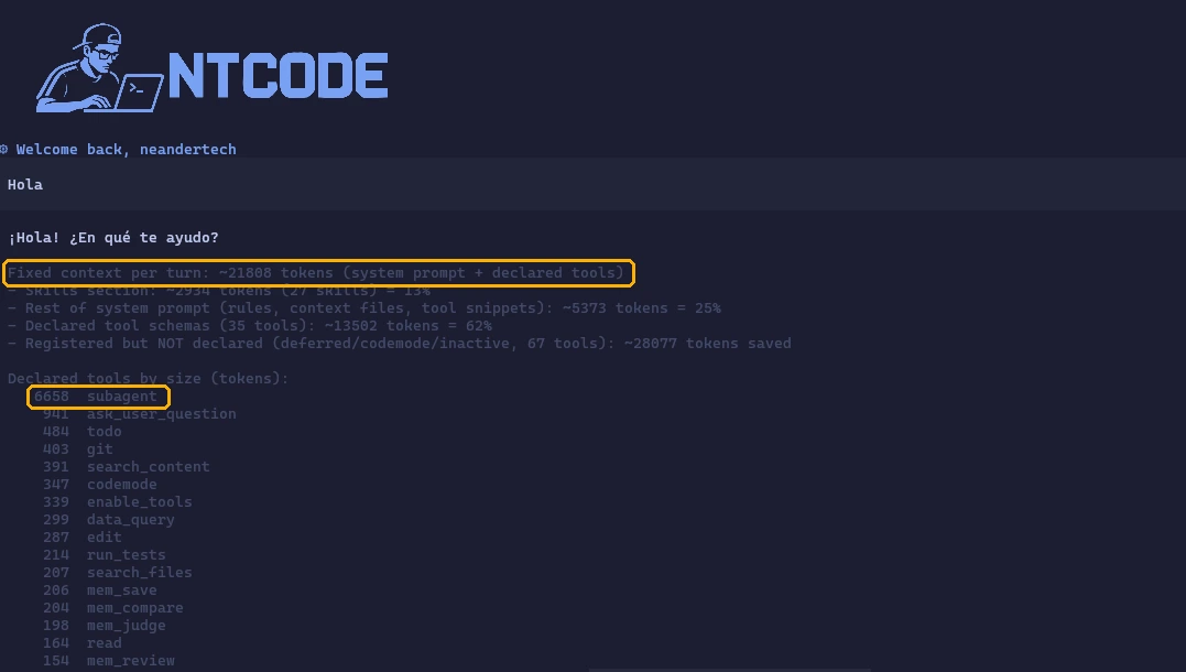 /weight con el grupo de subagentes activo: unos 21808 tokens fijos por turno, con subagent como la herramienta más pesada (6658)