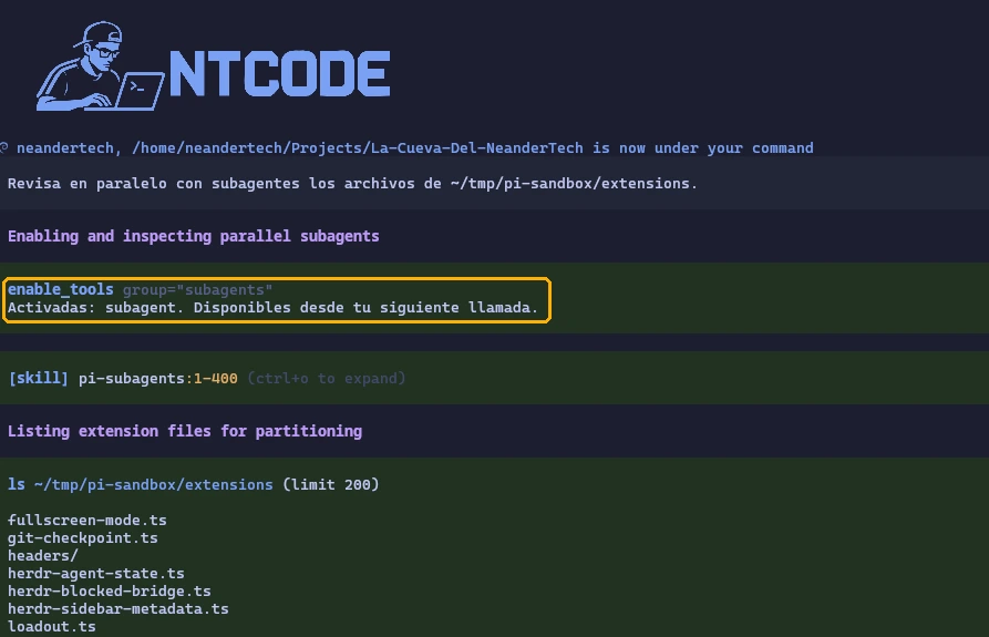 El modelo llama a enable_tools con el grupo subagents y pi responde que subagent queda activado para la siguiente llamada