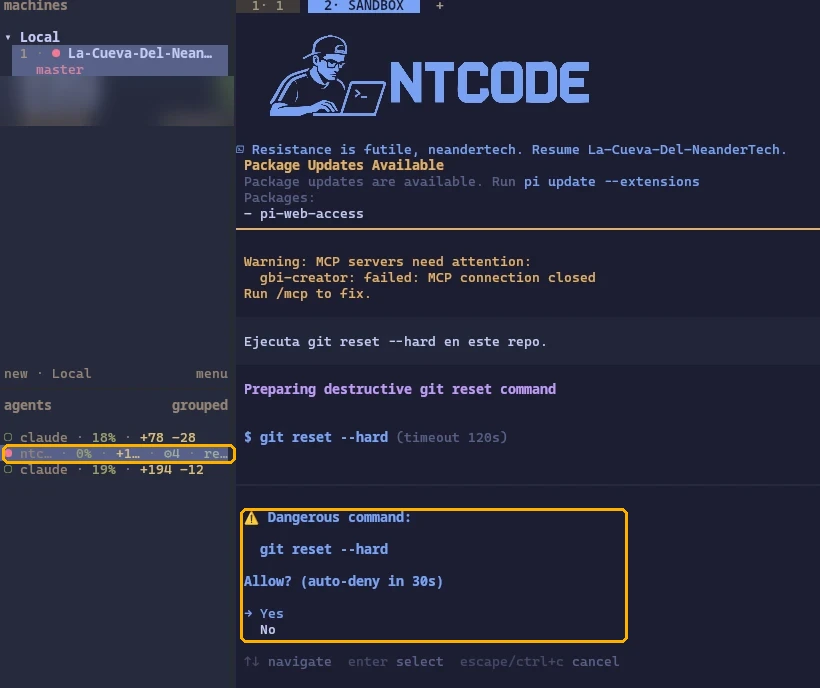 herdr con pi esperando confirmación para git reset --hard: el panel de pi aparece con un punto rojo en la lista de agentes