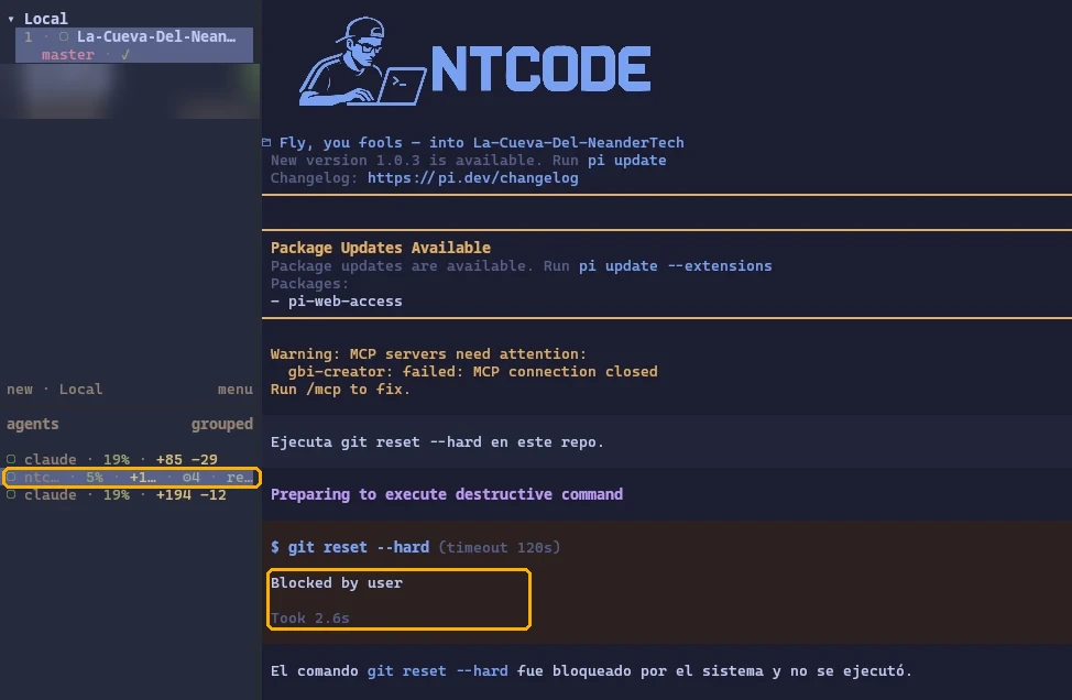 Tras responder que no, herdr ya no marca el panel de pi como bloqueado y pi informa de que el comando no se ejecutó