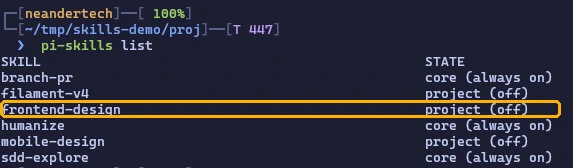 pi-skills list con tres skills core siempre activas y tres de proyecto desactivadas, entre ellas frontend-design